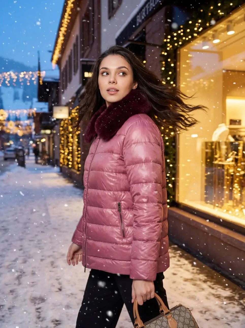 Piumino rosa nella neve di sera, photobook Federica Costa FW26
